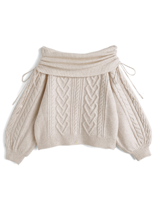 ハートケーブルドロストリボンオフショルダーニットトップス