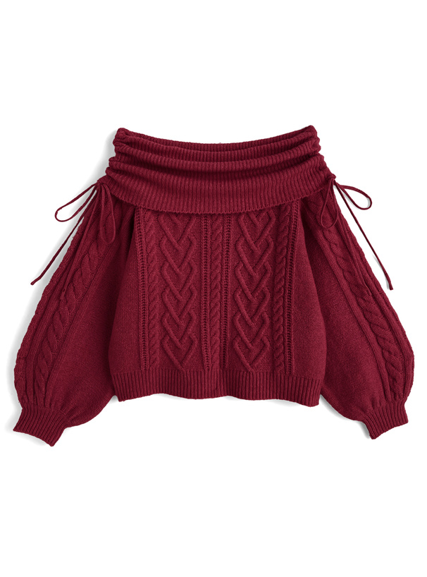 ハートケーブルドロストリボンオフショルダーニットトップス