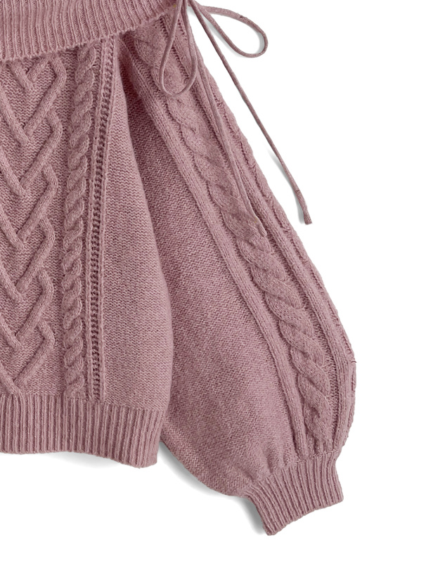 ハートケーブルドロストリボンオフショルダーニットトップス