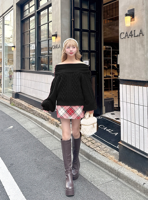 ハートケーブルドロストリボンオフショルダーニットトップス[fo2235