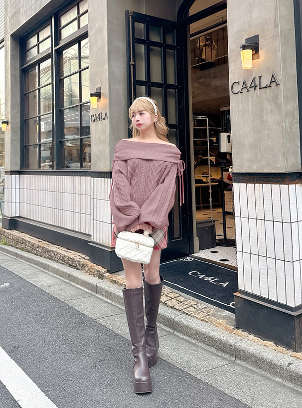 ハートケーブルドロストリボンオフショルダーニットトップス