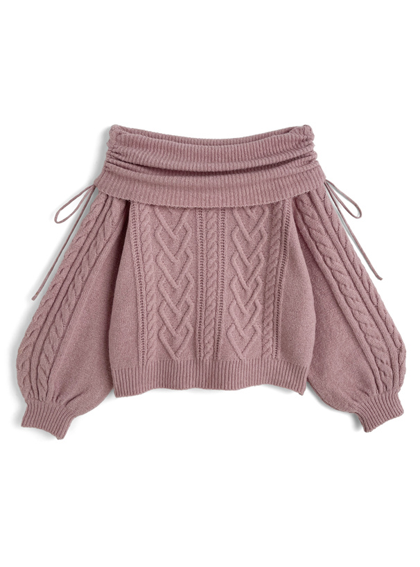 ハートケーブルドロストリボンオフショルダーニットトップス