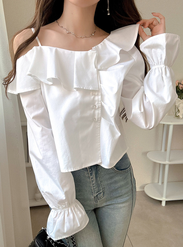 アシンメトリーフリルワンショルダーブラウス