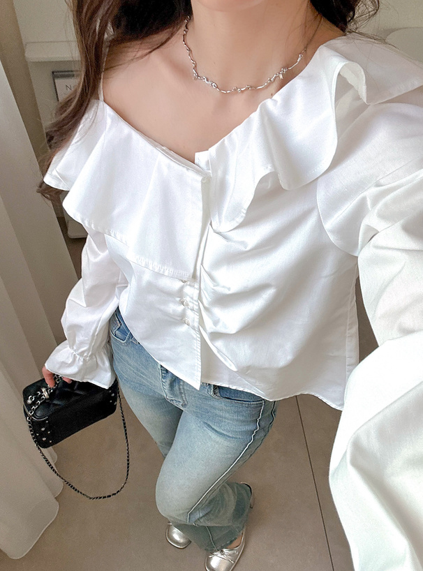 アシンメトリーフリルワンショルダーブラウス