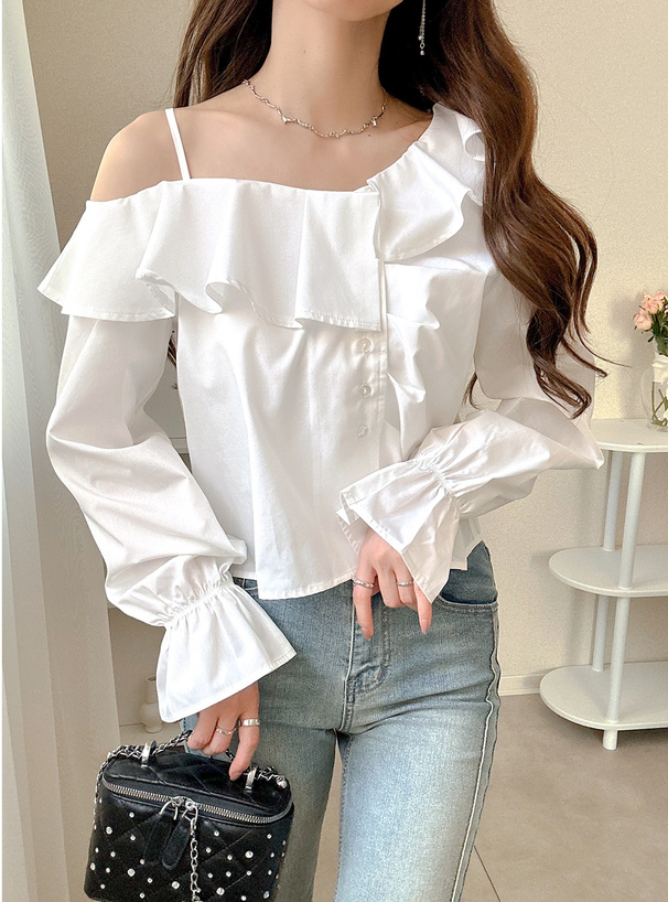 アシンメトリーフリルワンショルダーブラウス