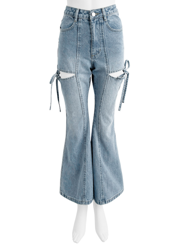 サイドカットアウトリボンフレアデニムパンツ[fo2242