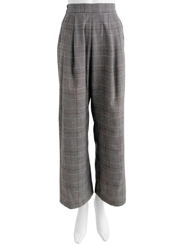 プリーツプリーズ　グレンチェック　パンツ　グレー系　ストレート ラミプリュス さっとはいてらくらくきちんと見せ 裏微起毛のオトナ上品