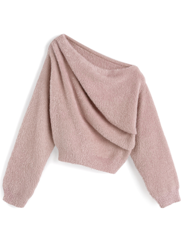 ワンショルダードレープシャギーニットトップス