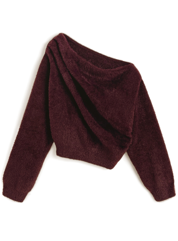 ワンショルダードレープシャギーニットトップス