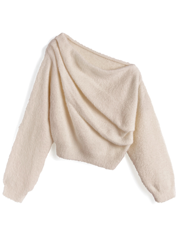 ワンショルダードレープシャギーニットトップス