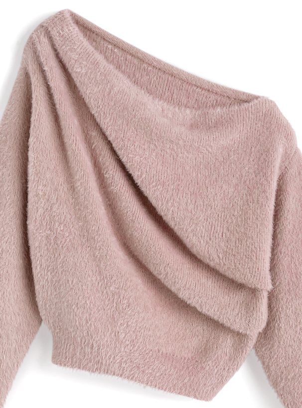 ワンショルダードレープシャギーニットトップス