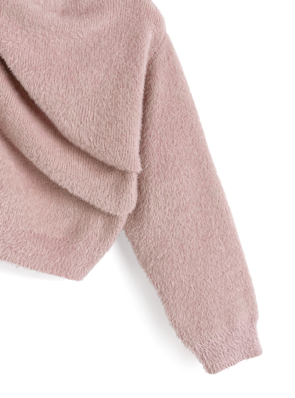 ワンショルダードレープシャギーニットトップス