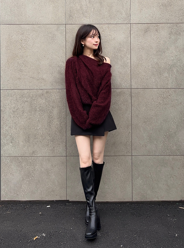 ワンショルダードレープシャギーニットトップス