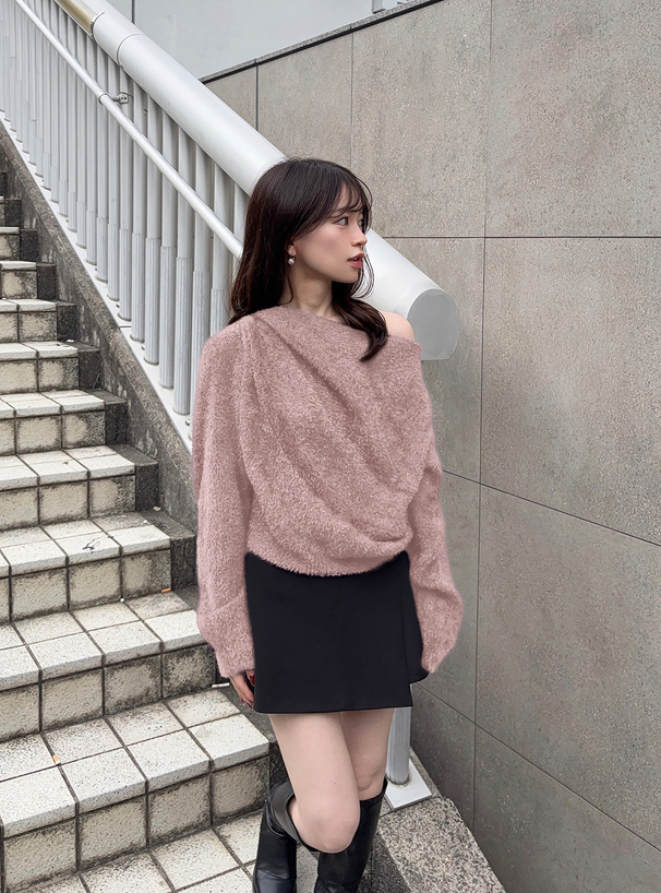 ワンショルダードレープシャギーニットトップス