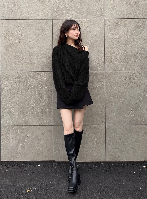 ワンショルダードレープシャギーニットトップス