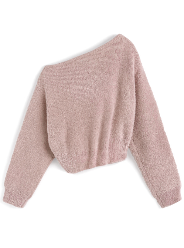 ワンショルダードレープシャギーニットトップス