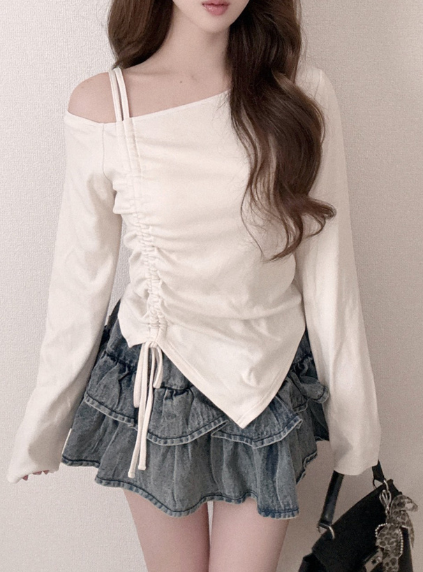 ワンショルダードロストリボンリブトップス