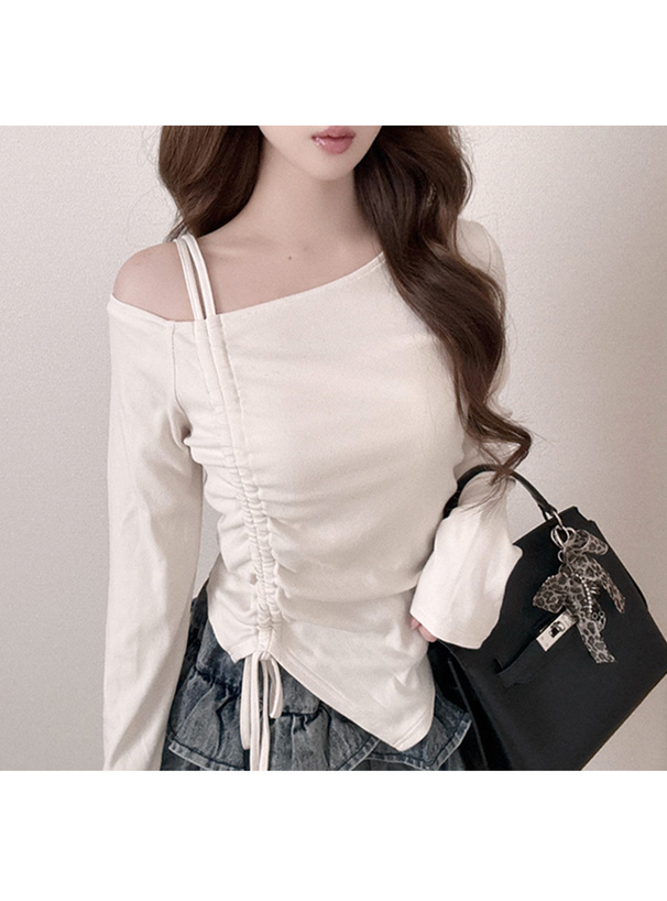 ワンショルダードロストリボンリブトップス