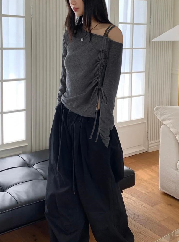 ワンショルダードロストリボンリブトップス