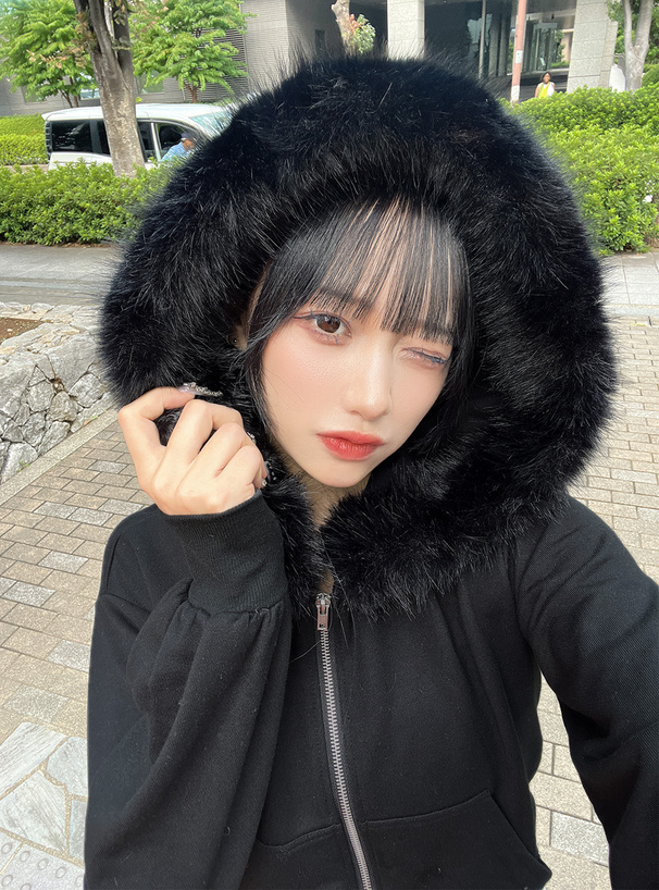 ファーフードダブルジップスウェットパーカー