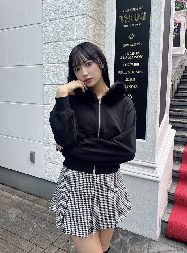 ファーフードダブルジップスウェットパーカー