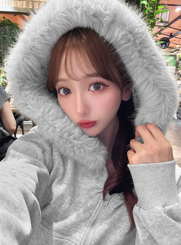 ファーフードダブルジップスウェットパーカー