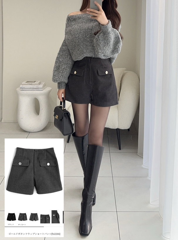 ゴールドボタンフラップショートパンツ[fo2266] | レディース