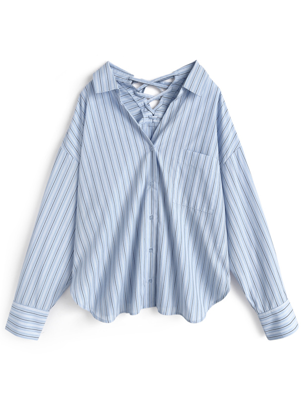 ストライプ柄バックレースアップシャツ[fo2281]