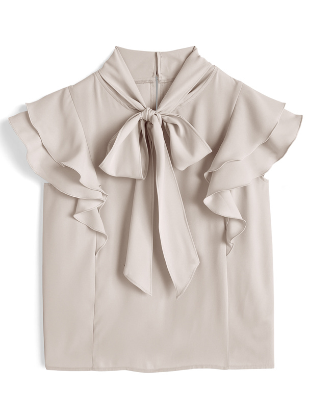 ボウタイフリルノースリーブブラウス
