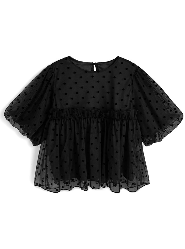 ドット柄バルーンスリーブギャザーフリルチュールブラウス