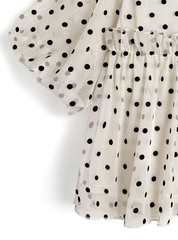 ドット柄バルーンスリーブギャザーフリルチュールブラウス
