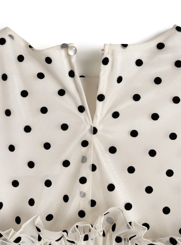 ドット柄バルーンスリーブギャザーフリルチュールブラウス