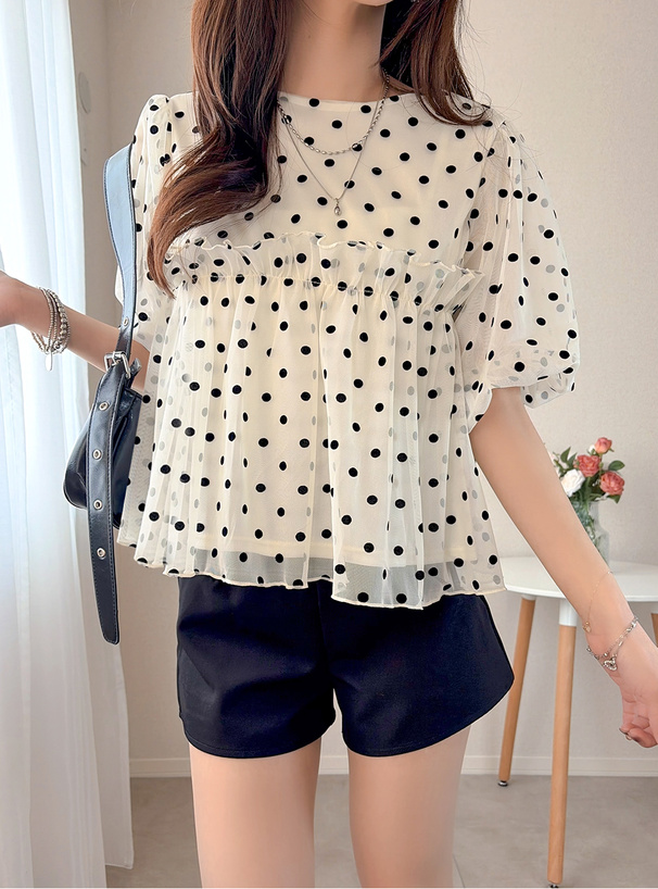 ドット柄バルーンスリーブギャザーフリルチュールブラウス