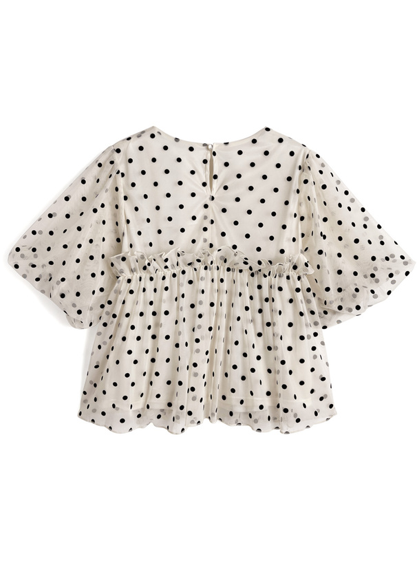 ドット柄バルーンスリーブギャザーフリルチュールブラウス