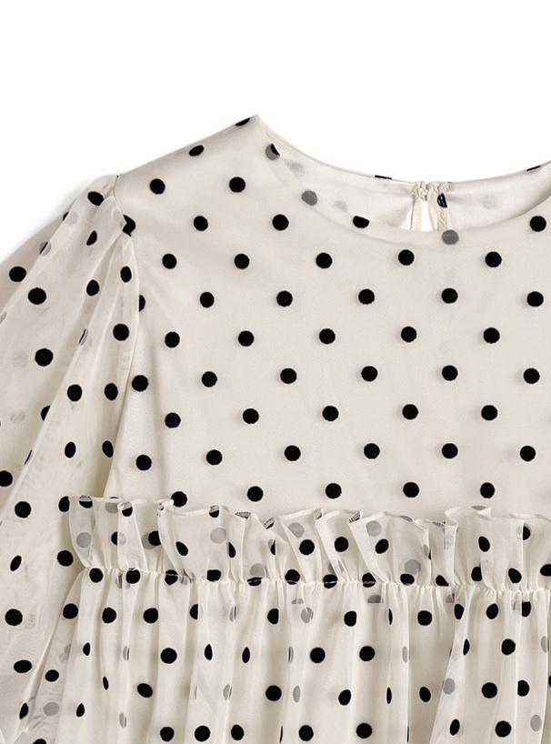 ドット柄バルーンスリーブギャザーフリルチュールブラウス
