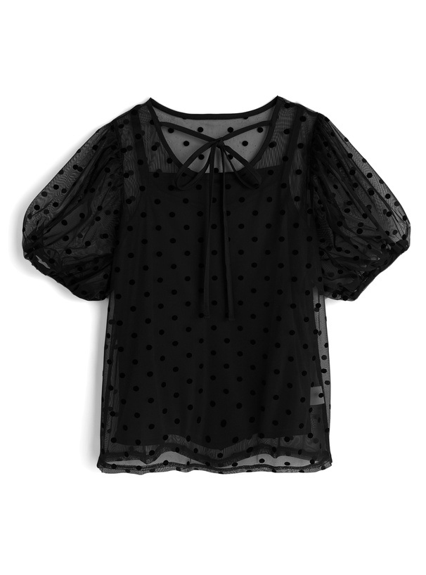 キャミソール付きドット柄ネックリボンパフスリーブチュールトップス