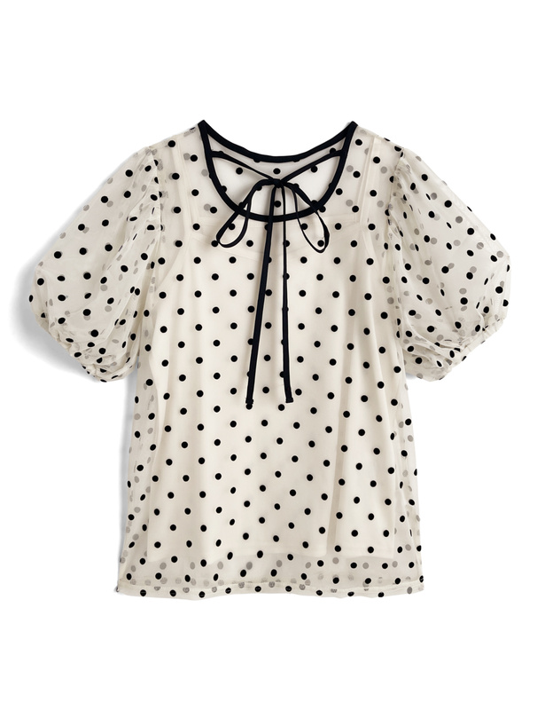 キャミソール付きドット柄ネックリボンパフスリーブチュールトップス