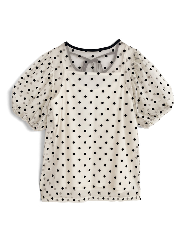 キャミソール付きドット柄ネックリボンパフスリーブチュールトップス