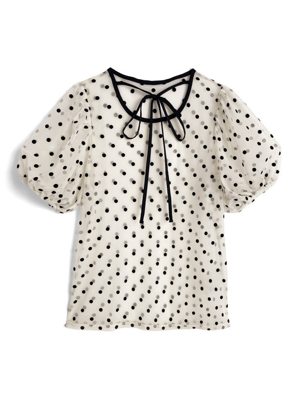 キャミソール付きドット柄ネックリボンパフスリーブチュールトップス
