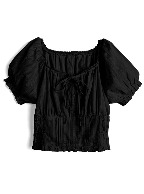 スクエアネックレースリボンパフスリーブブラウス