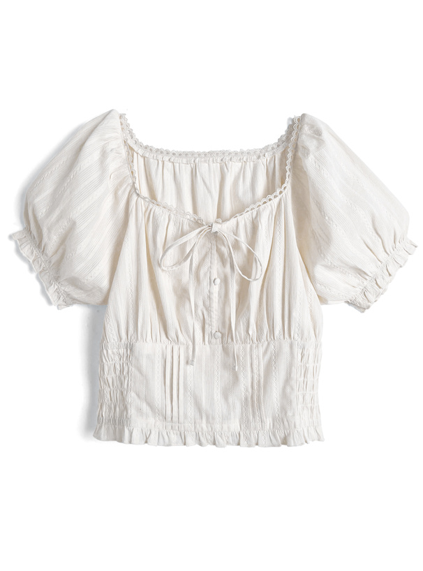 スクエアネックレースリボンパフスリーブブラウス