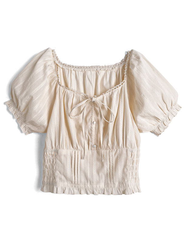 スクエアネックレースリボンパフスリーブブラウス