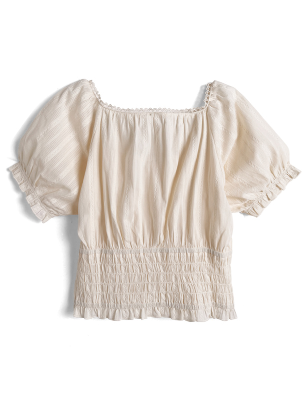 スクエアネックレースリボンパフスリーブブラウス