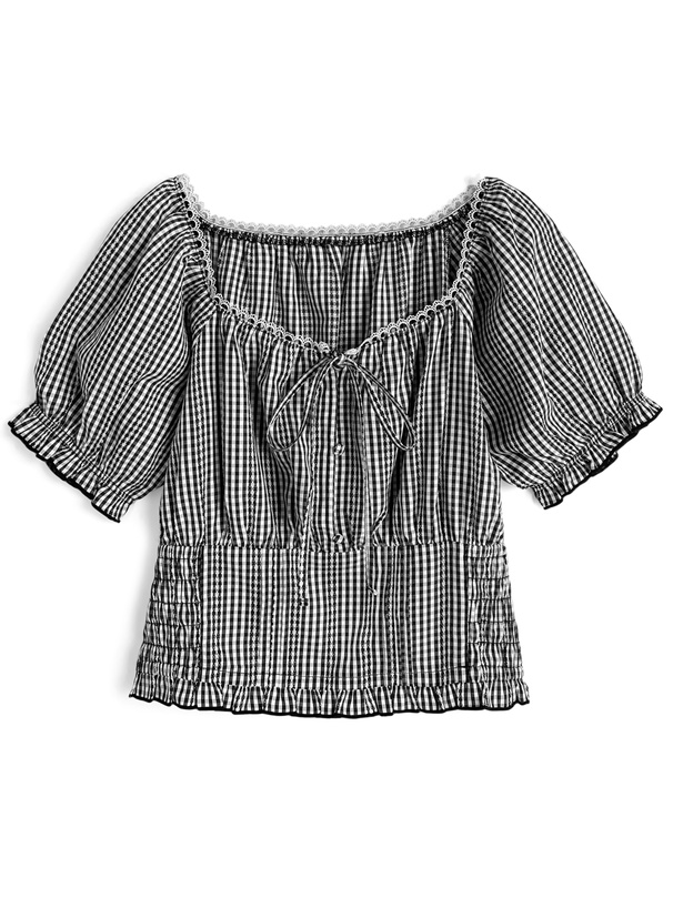 ギンガムチェック柄スクエアネックレースリボンパフスリーブブラウス