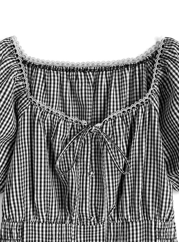 ギンガムチェック柄スクエアネックレースリボンパフスリーブブラウス