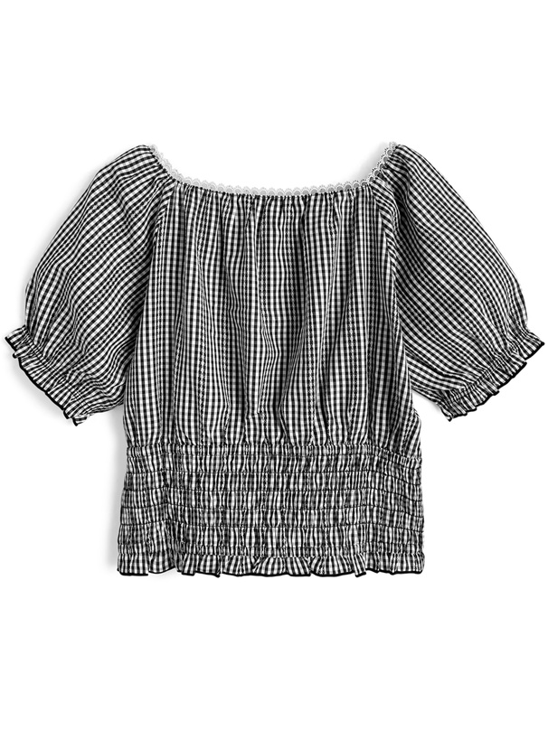 ギンガムチェック柄スクエアネックレースリボンパフスリーブブラウス