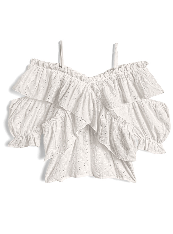 2Wayクロスフリルショルダーオープンレースブラウス