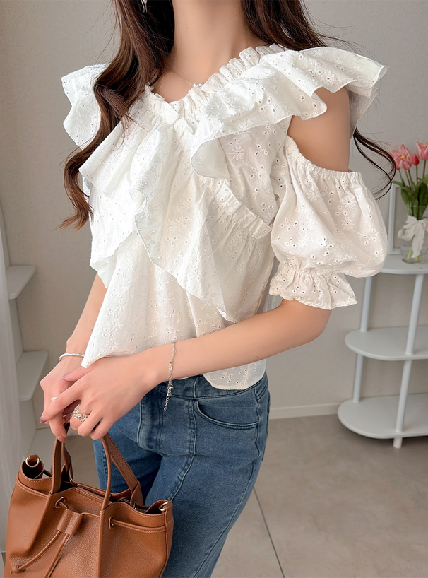 2Wayクロスフリルショルダーオープンレースブラウス