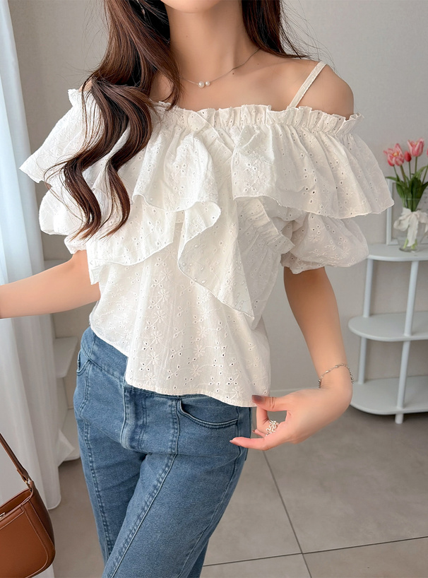 2Wayクロスフリルショルダーオープンレースブラウス