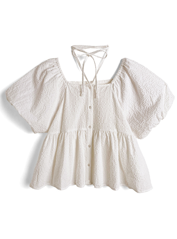 ホルターネック付きバルーンスリーブペプラムブラウス